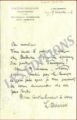 Lettre de Louis DIMIER, demande signature des épreuves de VAUGEOIS