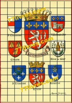 Blasons LYONNAIS, Lyon, Saint-Chamond, Givors, Saint-Étienne, Villefranche-sur-Saône, Rive de Gier, Roanne.