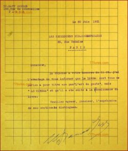 Lettre dactylographiée du 10/10/1921 de  DIAMANT BERGER