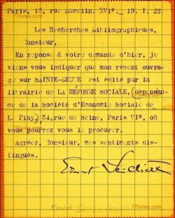 Lettre dactylographiée par Ernest SEILLIERE